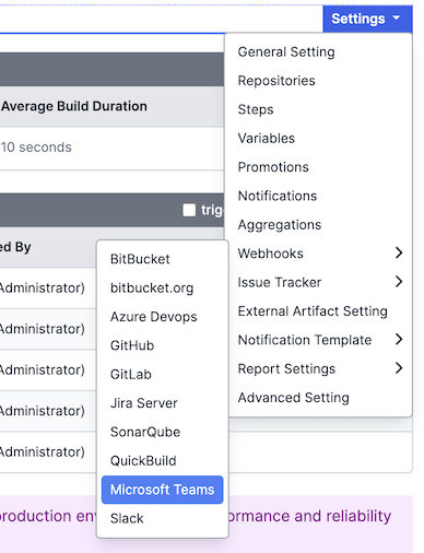 Quickbuild Teams webhook Menu