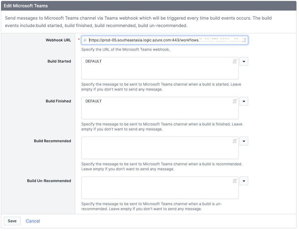 QuickBuild Teams webhook settings