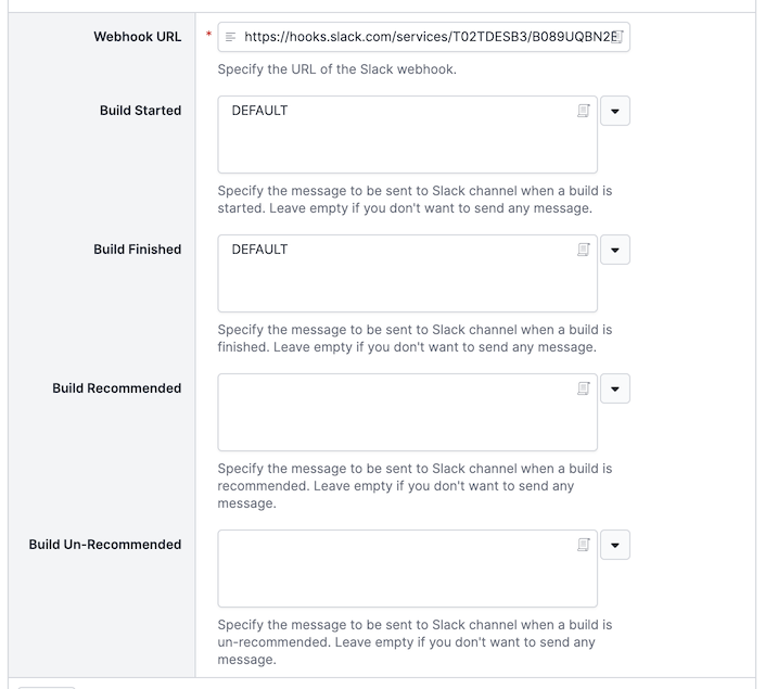 Quickbuild Slack webhook settings